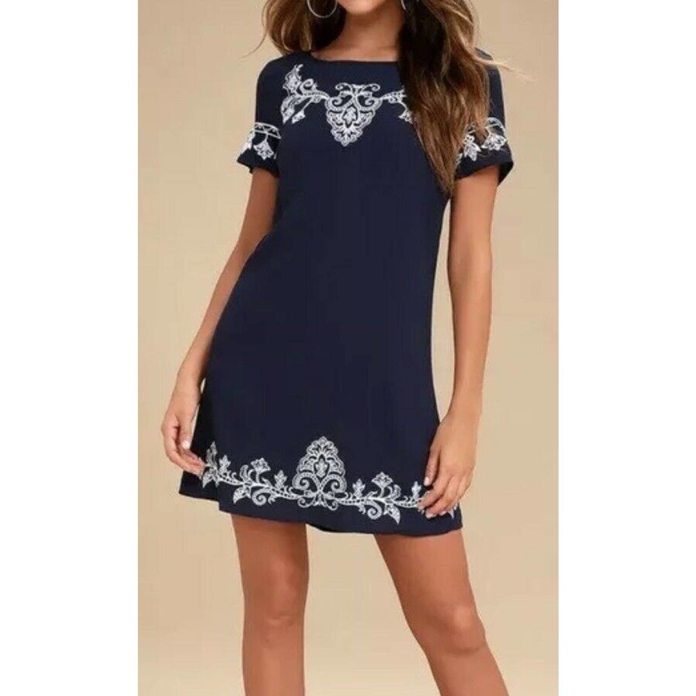 Lulu's Navy Blue Embroidered Shift Maxi Dress